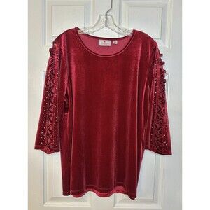 NWOT Quacker Factory Red Velvet Velour Rhinestone cutout womens Top Shirt LARGE